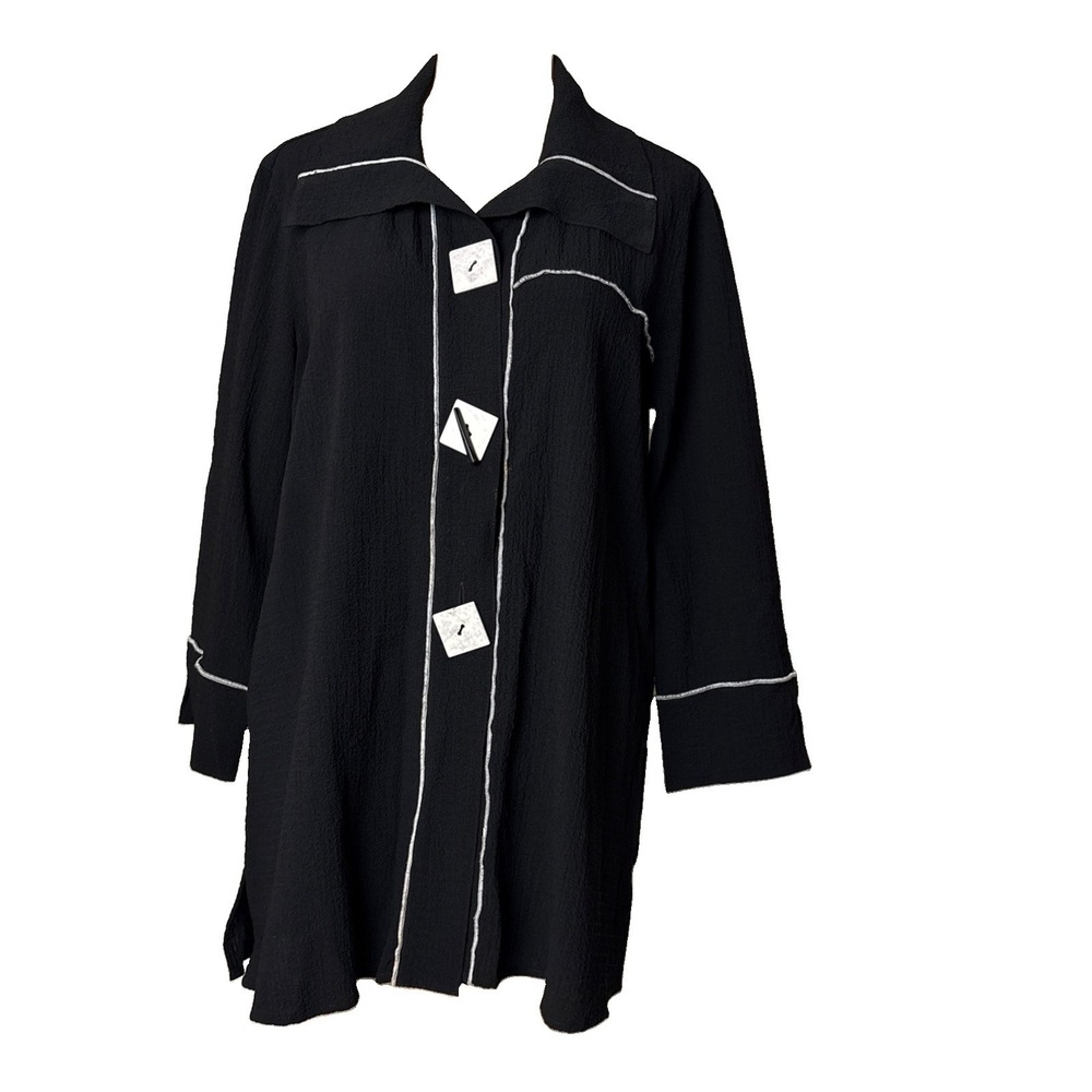 Ali Miles Tunic Top Shirt size S Stretch Crinkle 3/4 Sleeve Black White button u